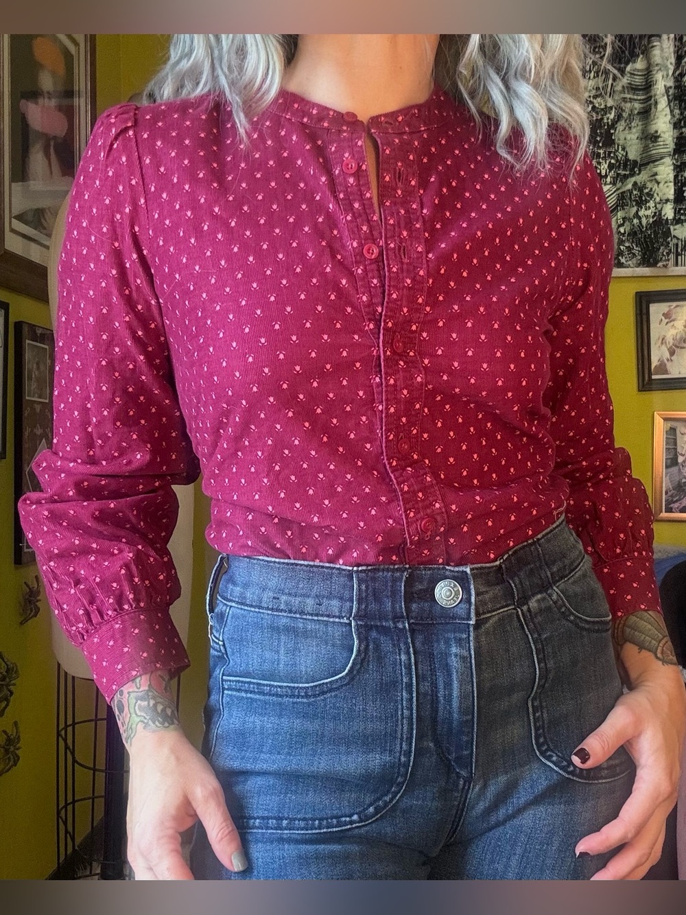 Talbots Maroon Tulip Cottage 80s Puff Sleeve Button Front Shirt Medium
